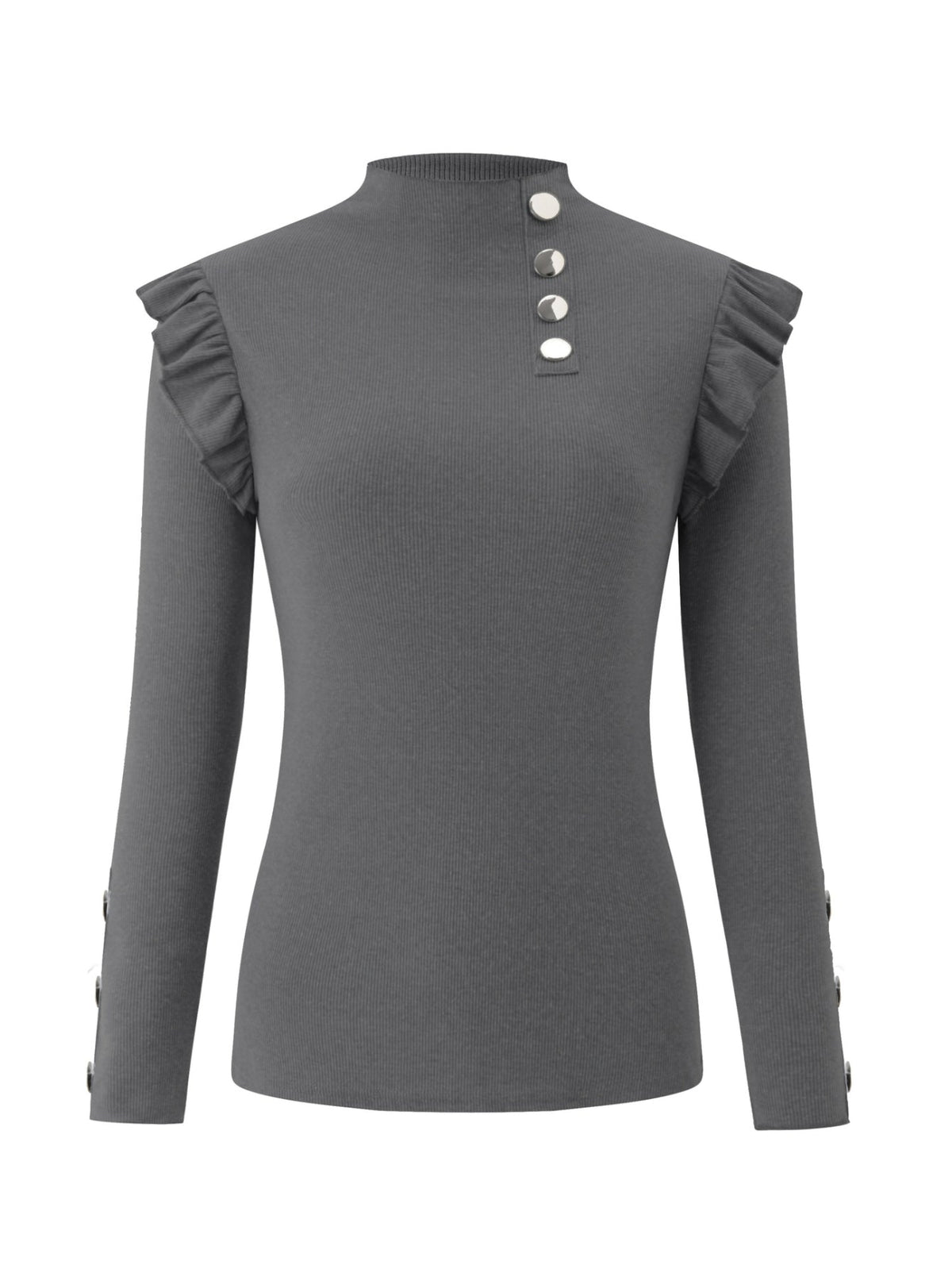 Solid Mock Neck Ruffle Trim Tee, Elegant Long Sleeve Slim T-shirt