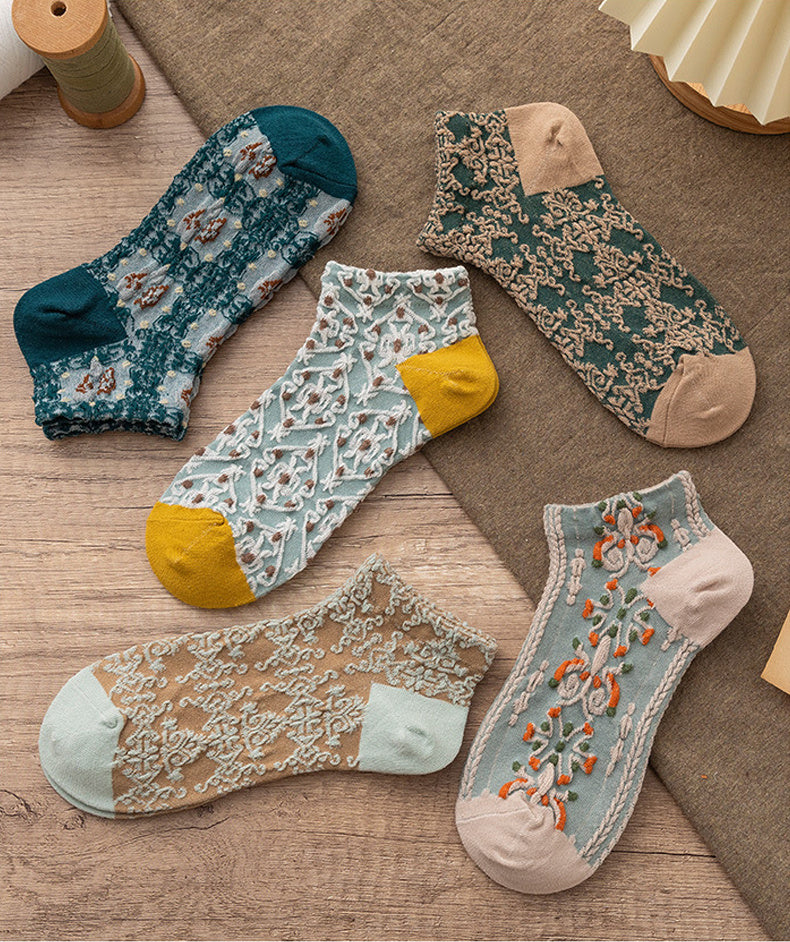 5 Pairs Vintage Court Style Short Socks, Cute Japanese Style Flower Geometric 3D Textured Low Cut Ankle Socks