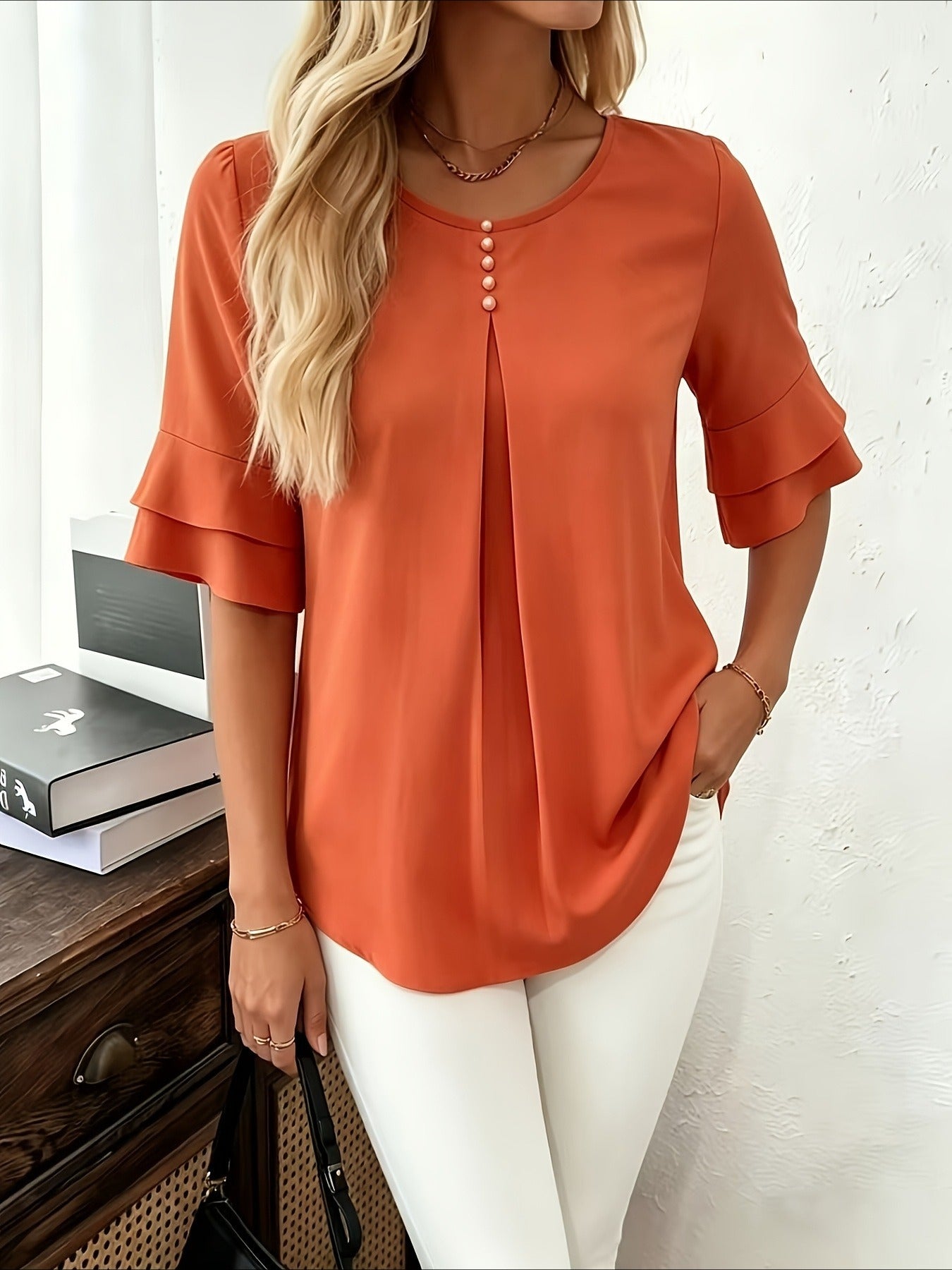 Elegant Fashion Summer Loose Solid Round Neck Button-Up Shirt Flared Sleeve Ruffle Top