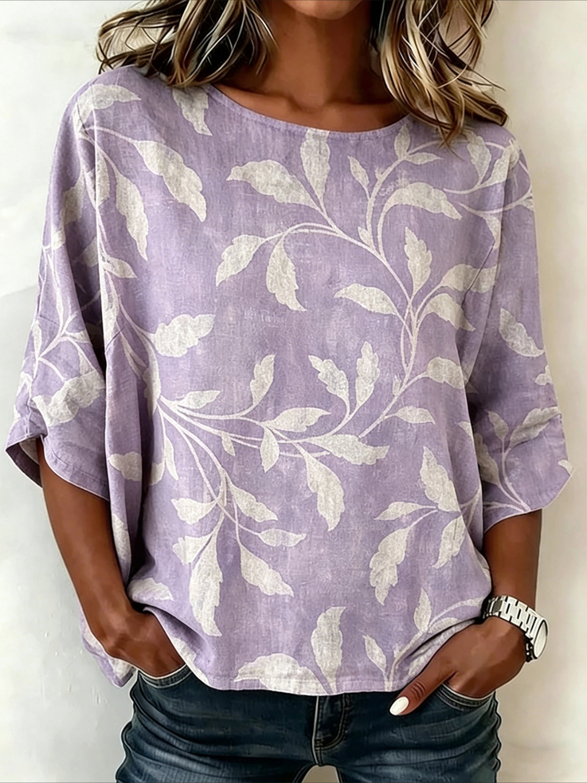 Leaf Prints Loose Cotton and Linen Vintage Shirt