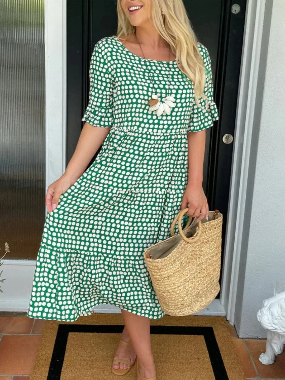 Round Neck Print Short Sleeve Maxi Dress