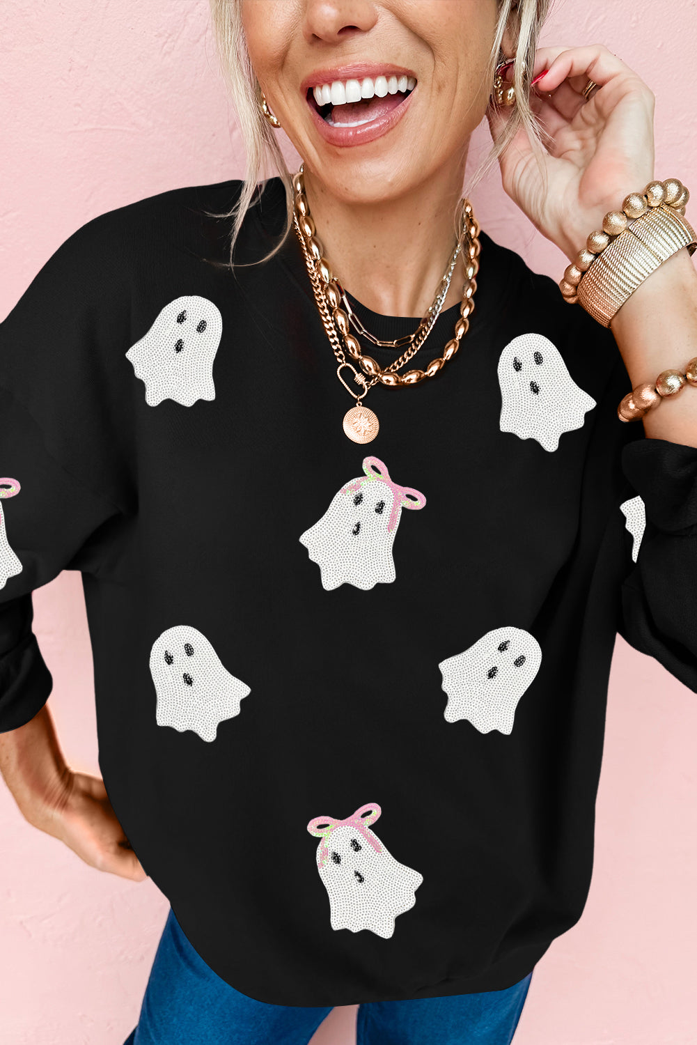 Black Sequin Cute Bow Ghost Graphic Crew Neck Halloween Sweatshirt