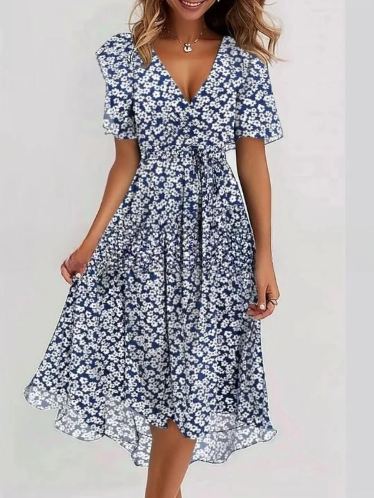Short Sleeve V-Neck Floral Dress