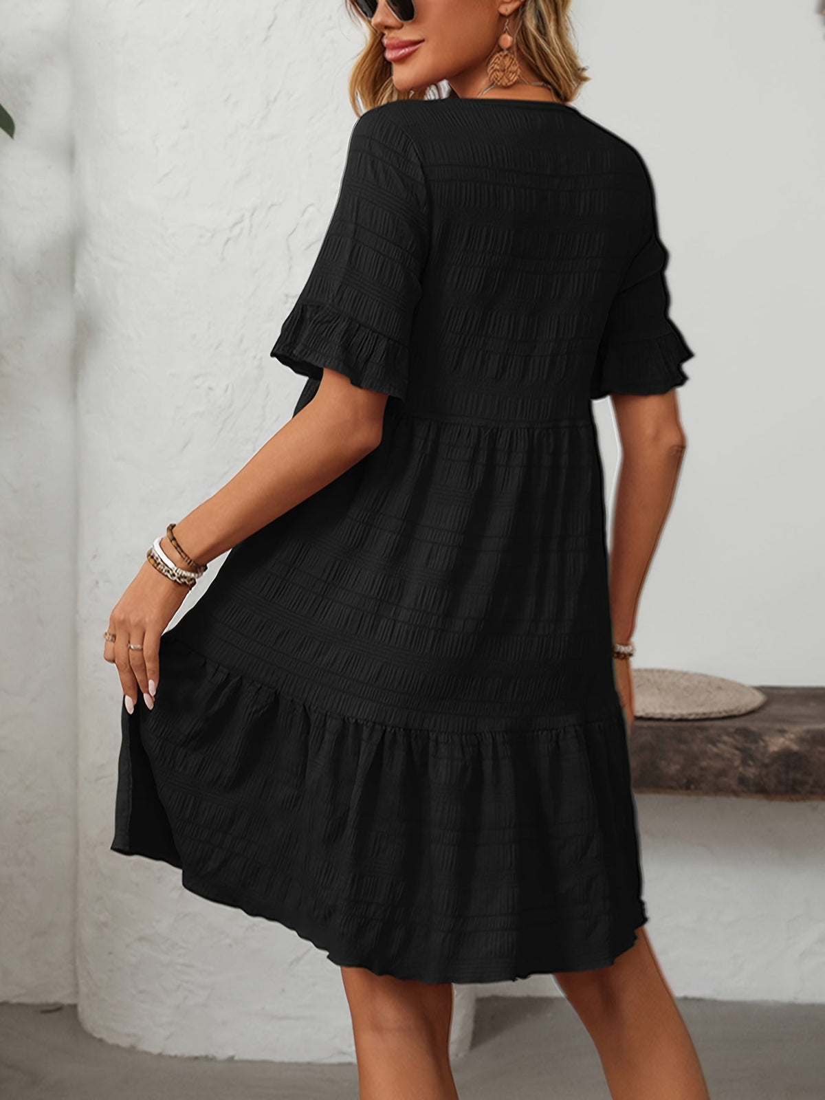 Square Neck Ruffle Detail Knee-Length Casual Short Sleeve Flowy Dress