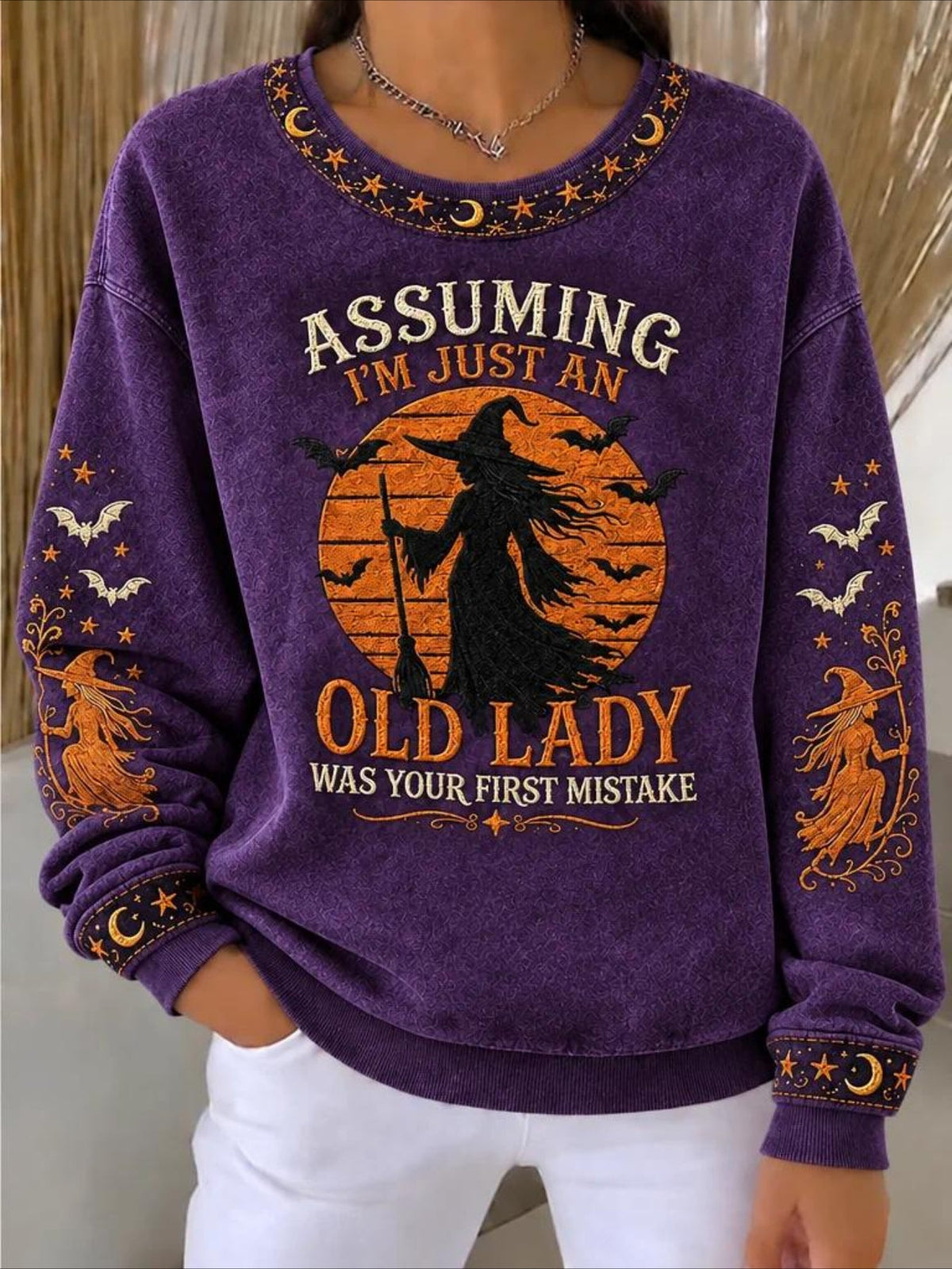 Old Lady Halloween Printed Crew Neck Long Sleeve Sweater Hoodie