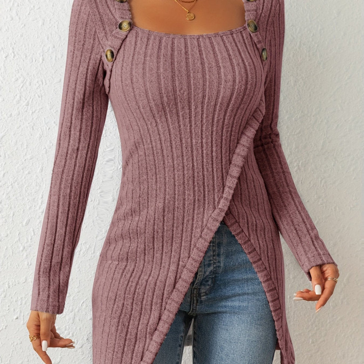 Button Decor Asymmetrical Hem T-Shirt, Casual Ribbed Long Sleeve Top