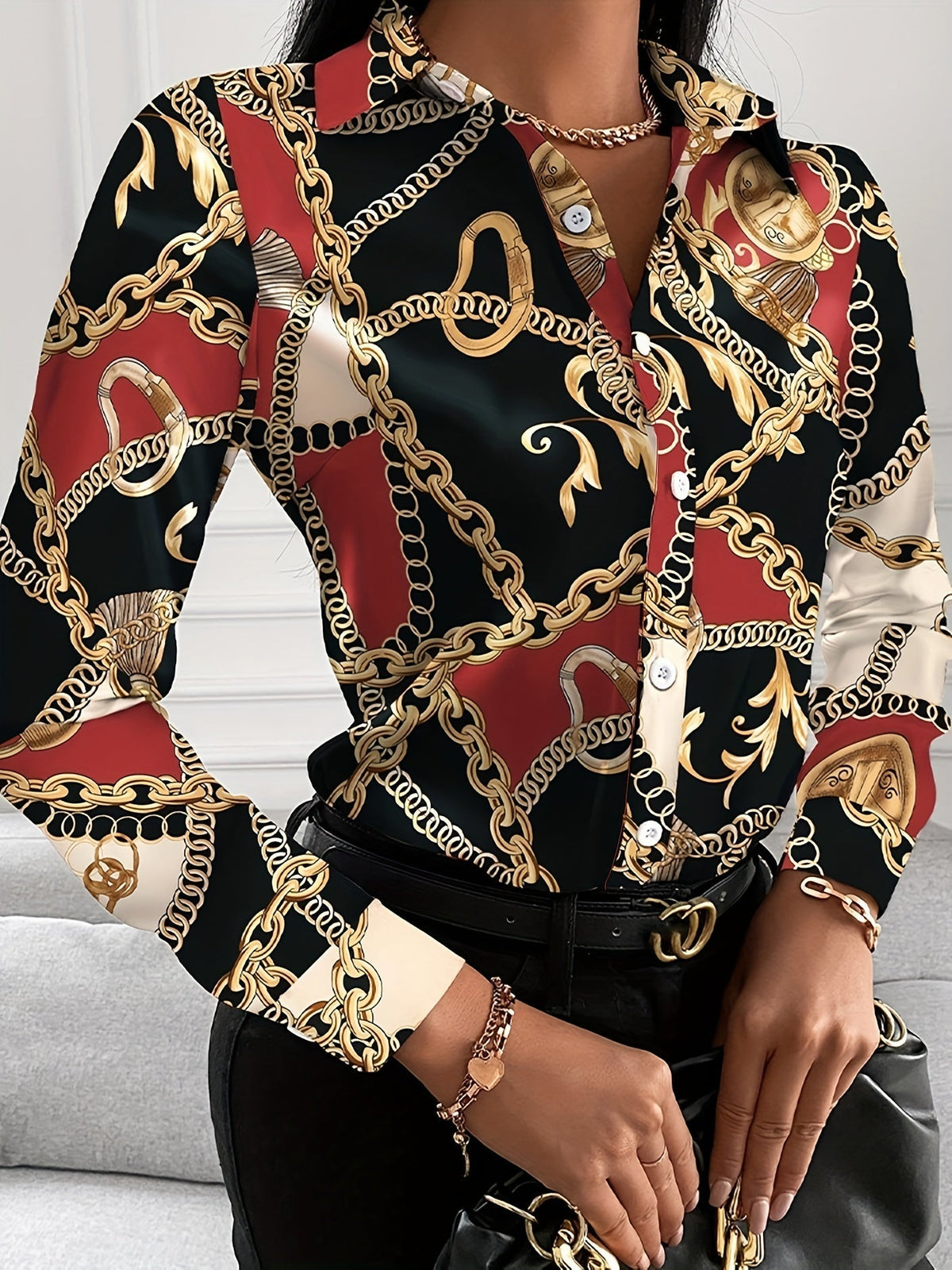 Women's Blouse V-neck Print Button Long Sleeve Loose Fall Blouse