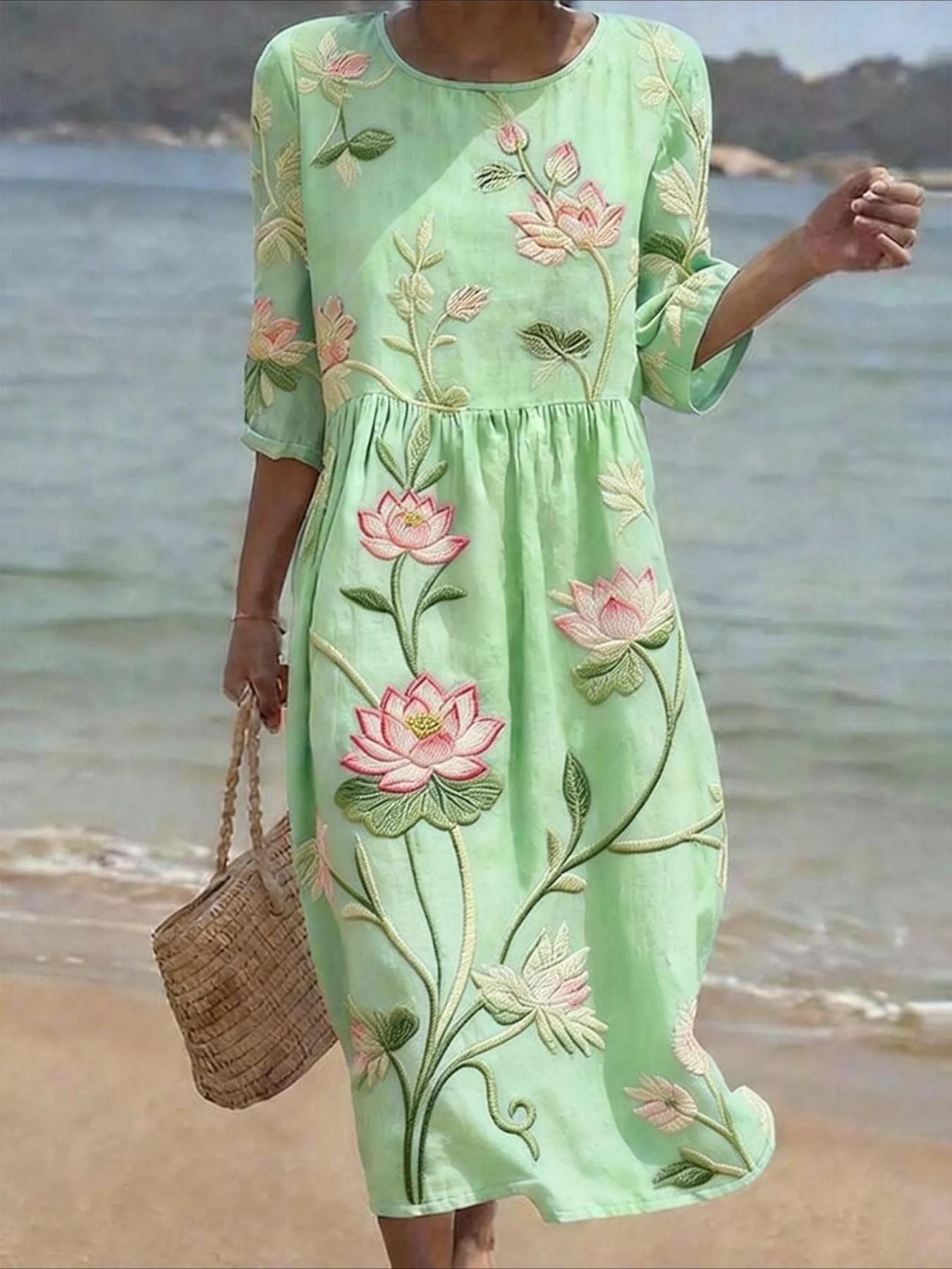 Casual Round Neck Mid Sleeve Printed Dress