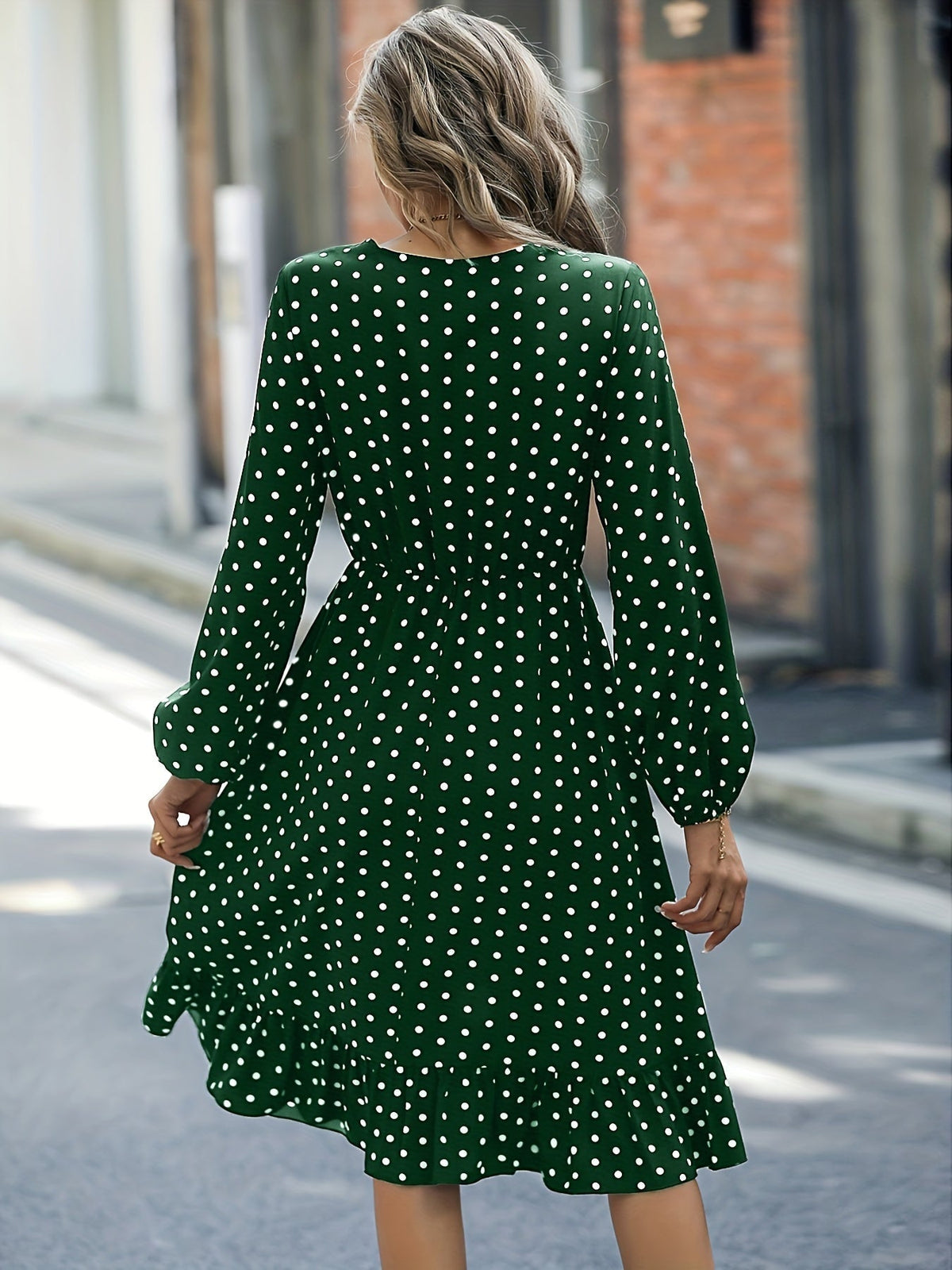 Retro V-neck Ruffle Dress, Polka Dot Print Long Sleeve Waist Loose Summer Dresses