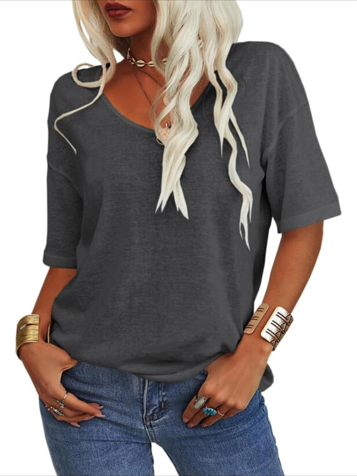 Solid Color V Neck T-shirt, Casual Short Sleeve T-Shirt