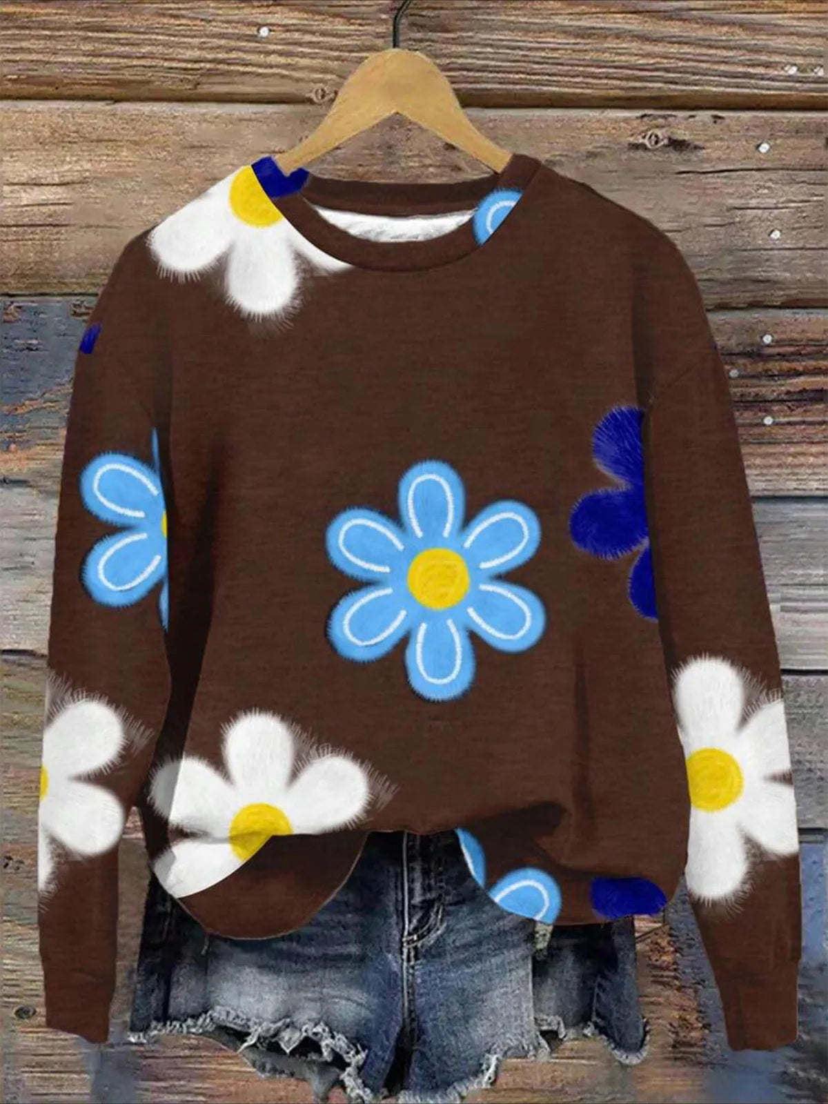 Floral Vintage Cotton-Blend Crew Neck Sweatshirt