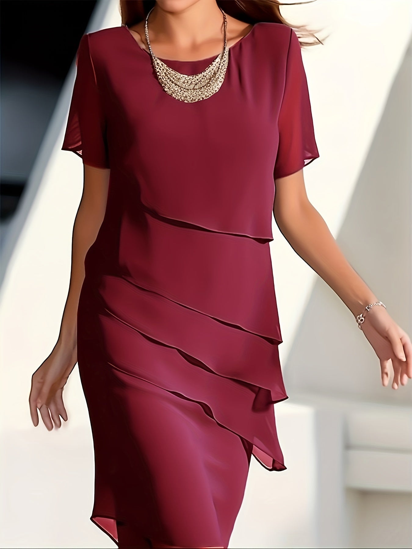 Layered Trim Crew Neck Dress, Elegant Short Sleeve Dress