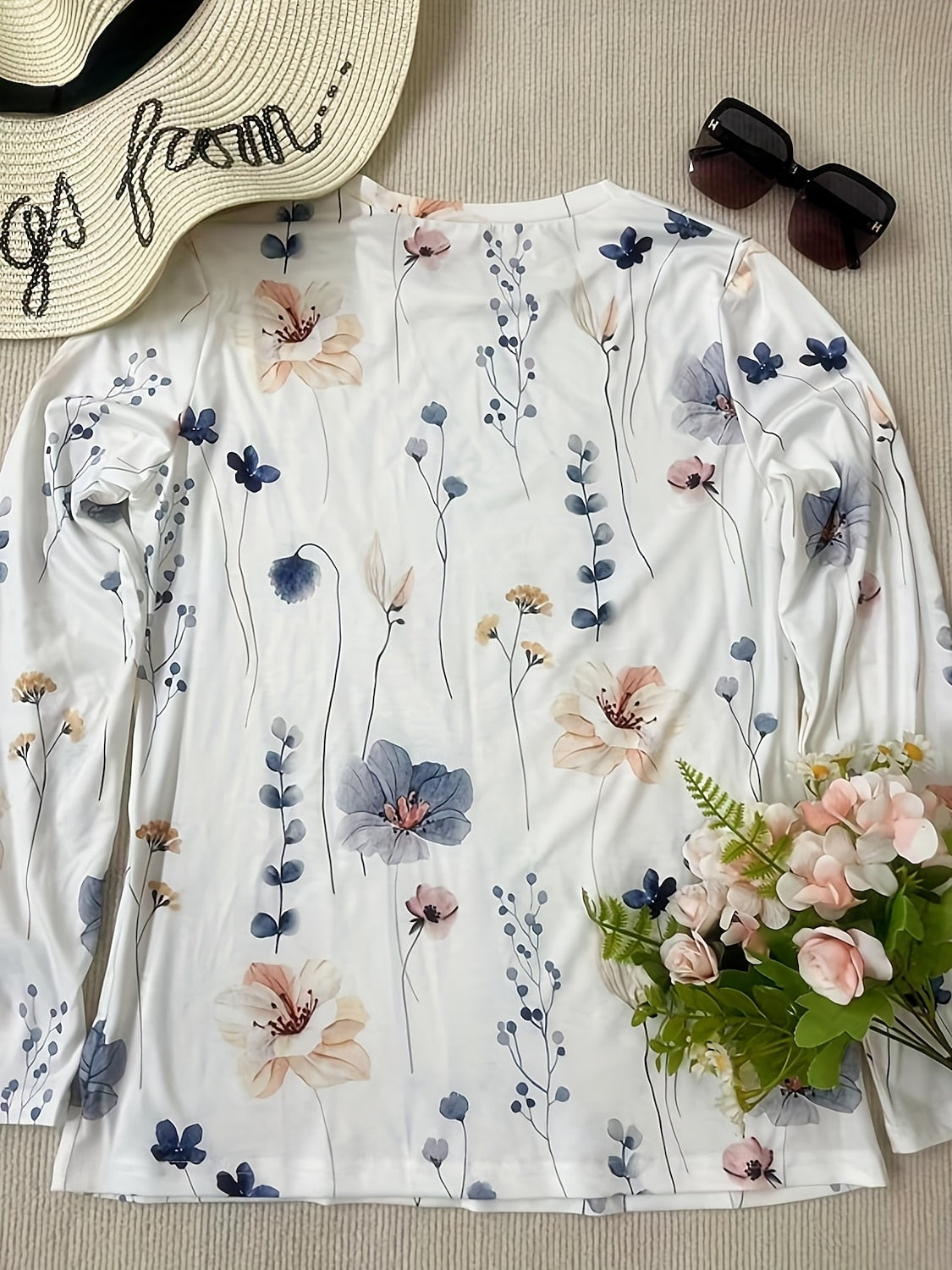 Floral Print Round Neck Long Sleeve T-Shirt
