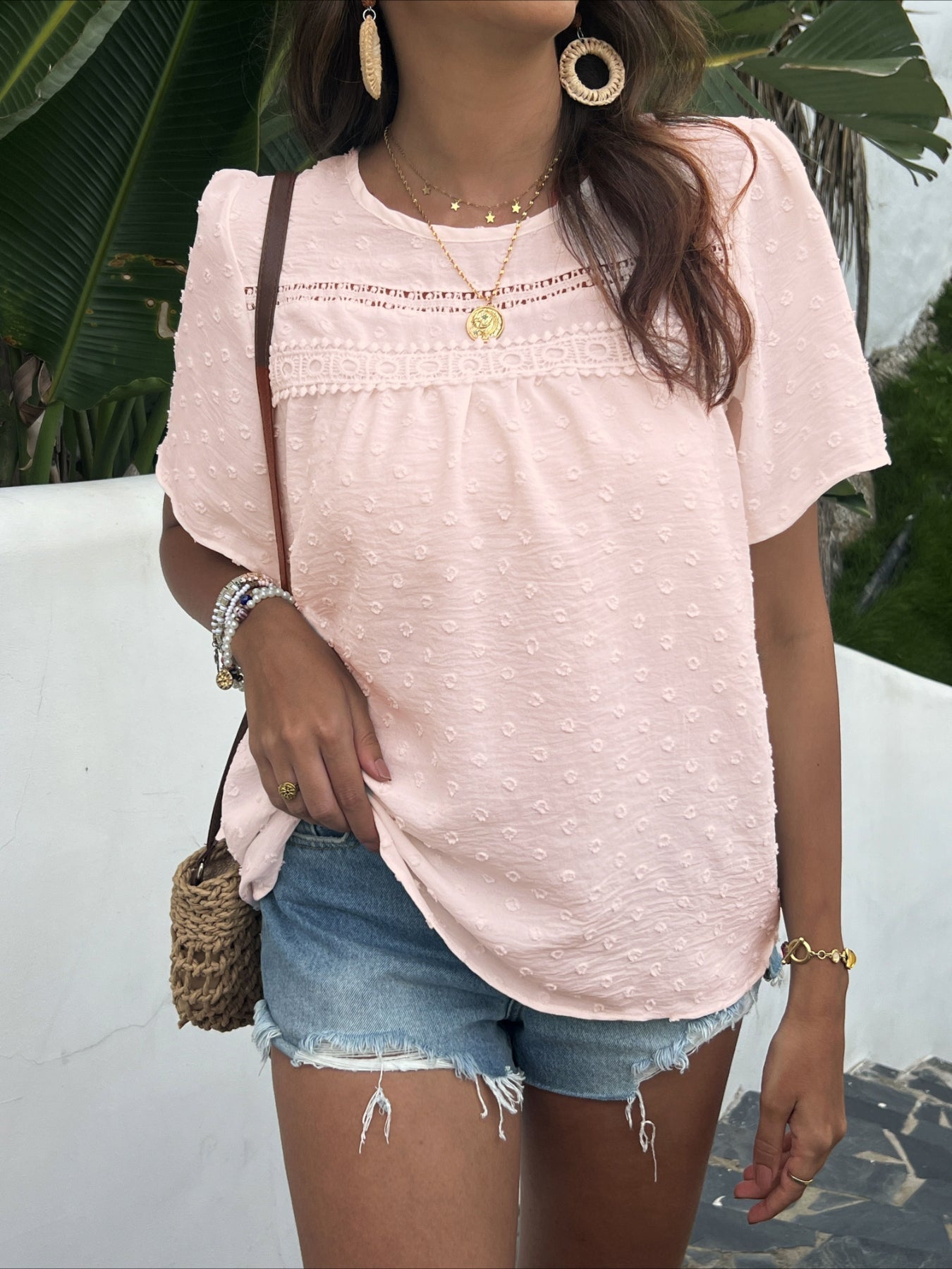 Swiss Dot Butterfly Sleeve Lace Detail Round Neck Casual Shirt