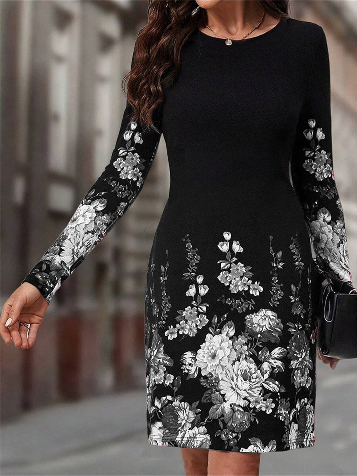 Long Sleeve Spring/Fall Floral Crew Neck Daily Going Out Casual H-Line Midi Dress