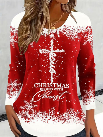 Red Christmas Long Sleeve Tee T-shirt Crew Neck Casual Spring/Fall Top