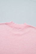 Pink Stand Neck Contrast Wavy Trim Short Sleeve Sweater