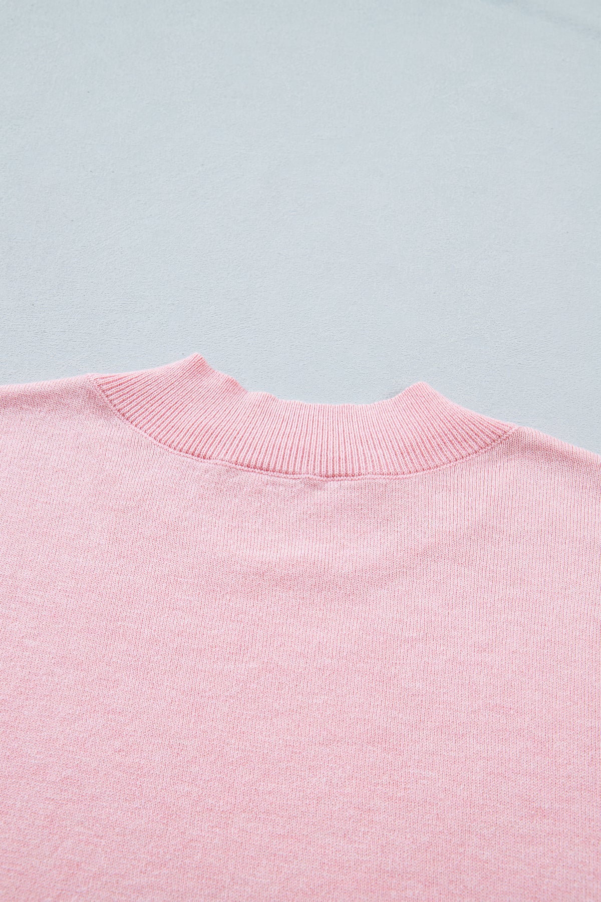 Pink Stand Neck Contrast Wavy Trim Short Sleeve Sweater