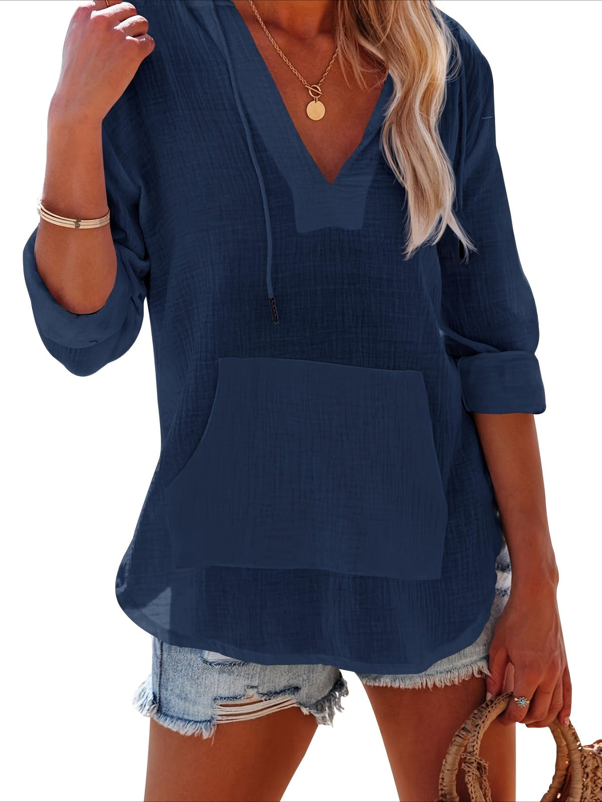 Long Sleeve V Neck Pocketed Hooded Sweatshirt