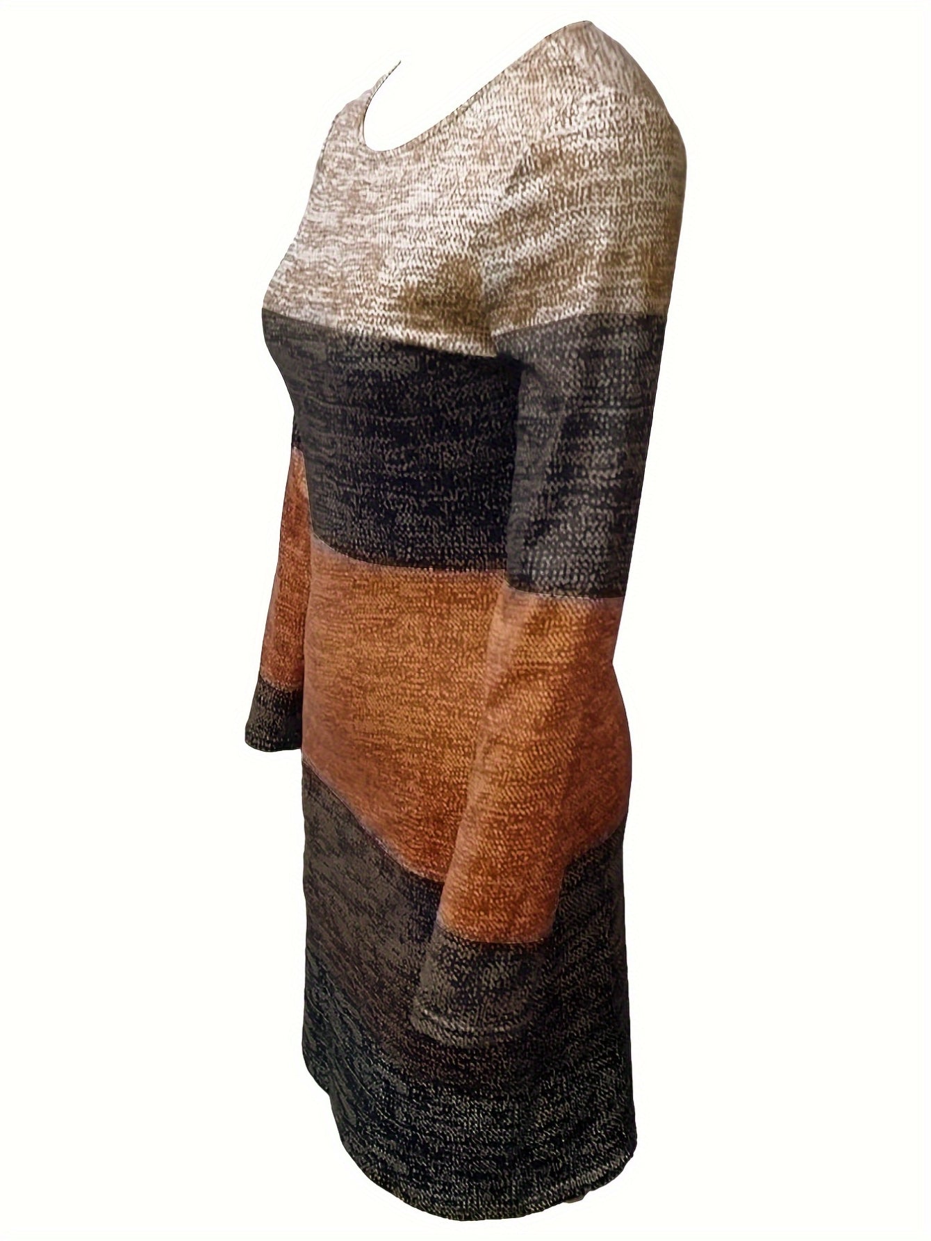 Vibrant Color Block Crew Neck Elegant Long Sleeve Dress
