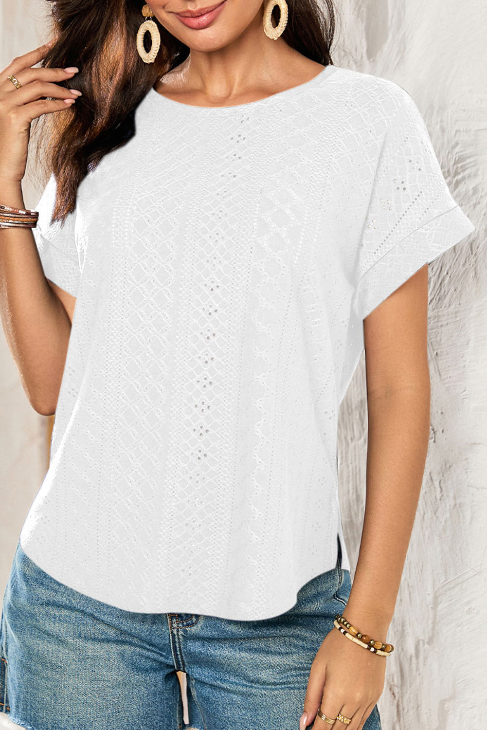 White Solid Color Eyelet Jacquard Cuffed Short Sleeve Top