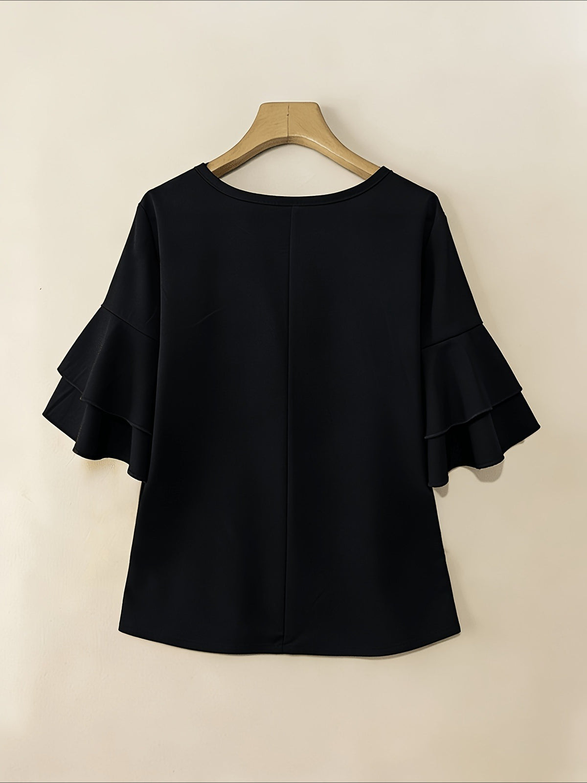 Elegant Fashion Summer Loose Solid Round Neck Button-Up Shirt Flared Sleeve Ruffle Top