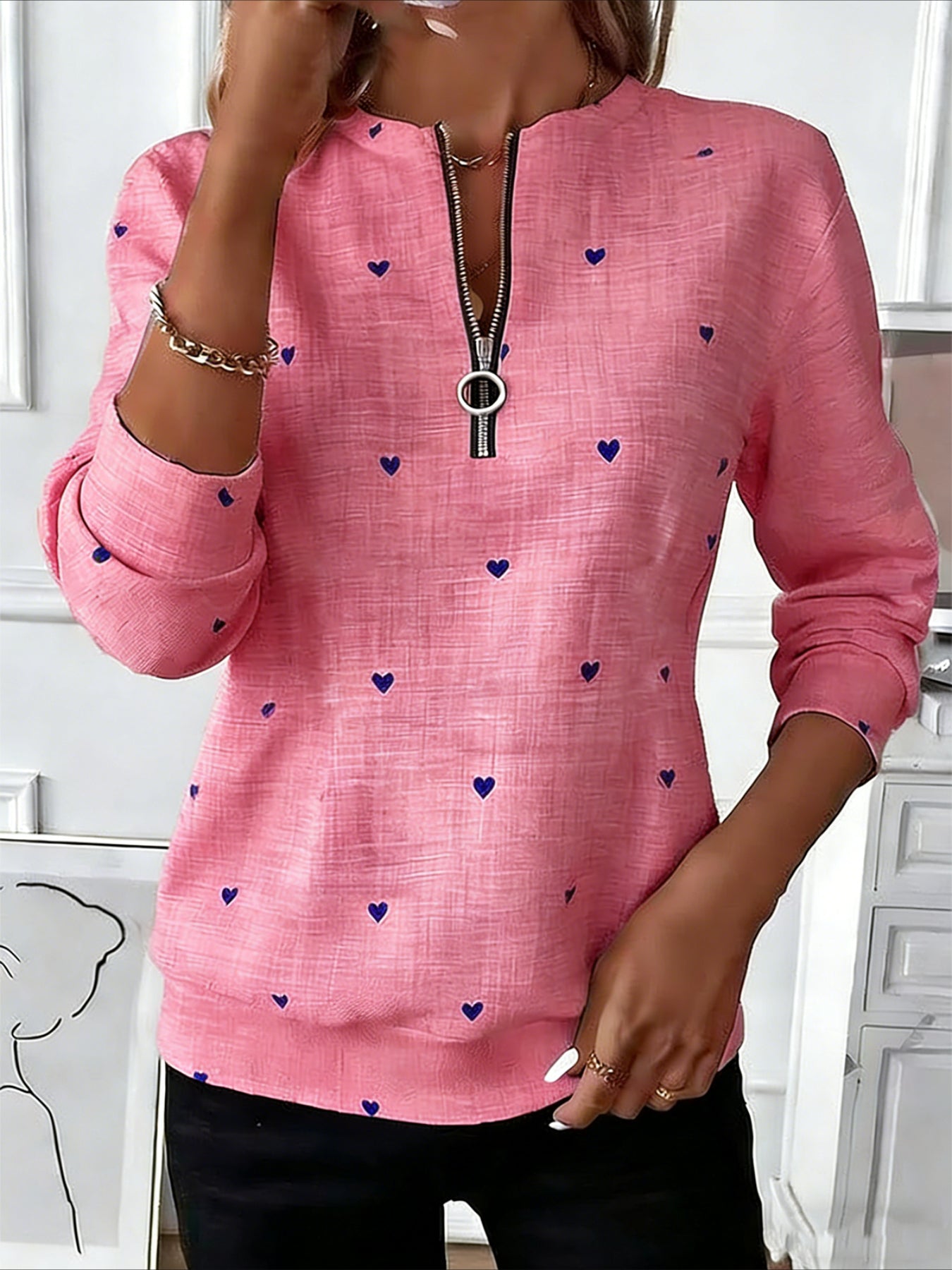 Love Print Long Sleeve Center Front Zip Sweatshirt