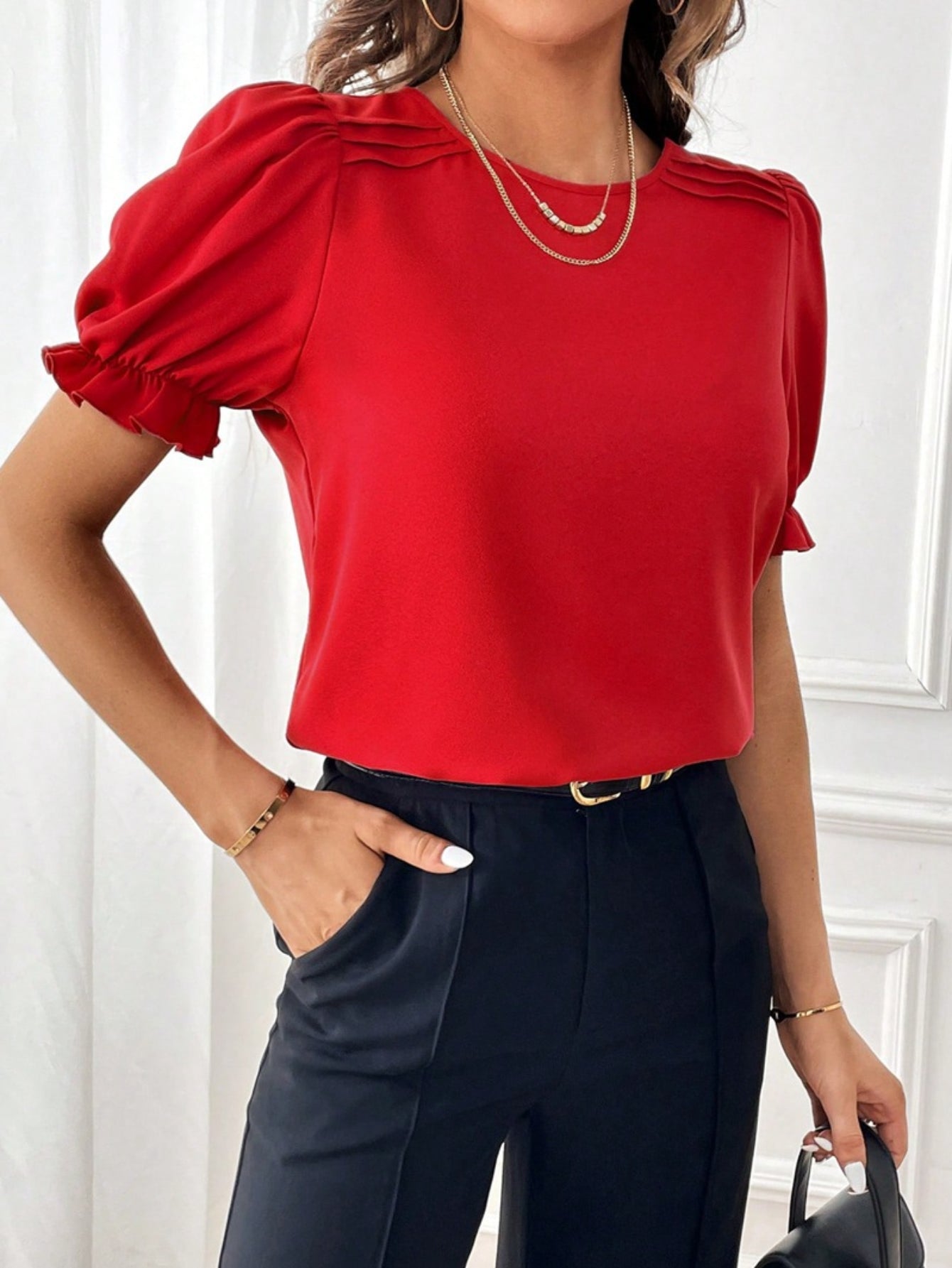 Solid Crew Neck Blouse, Elegant Puff Sleeve Blouse