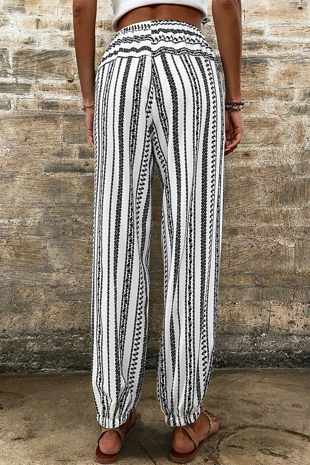 Black Stripe Boho Print Drawstring Elastic Waistband Casual Joggers