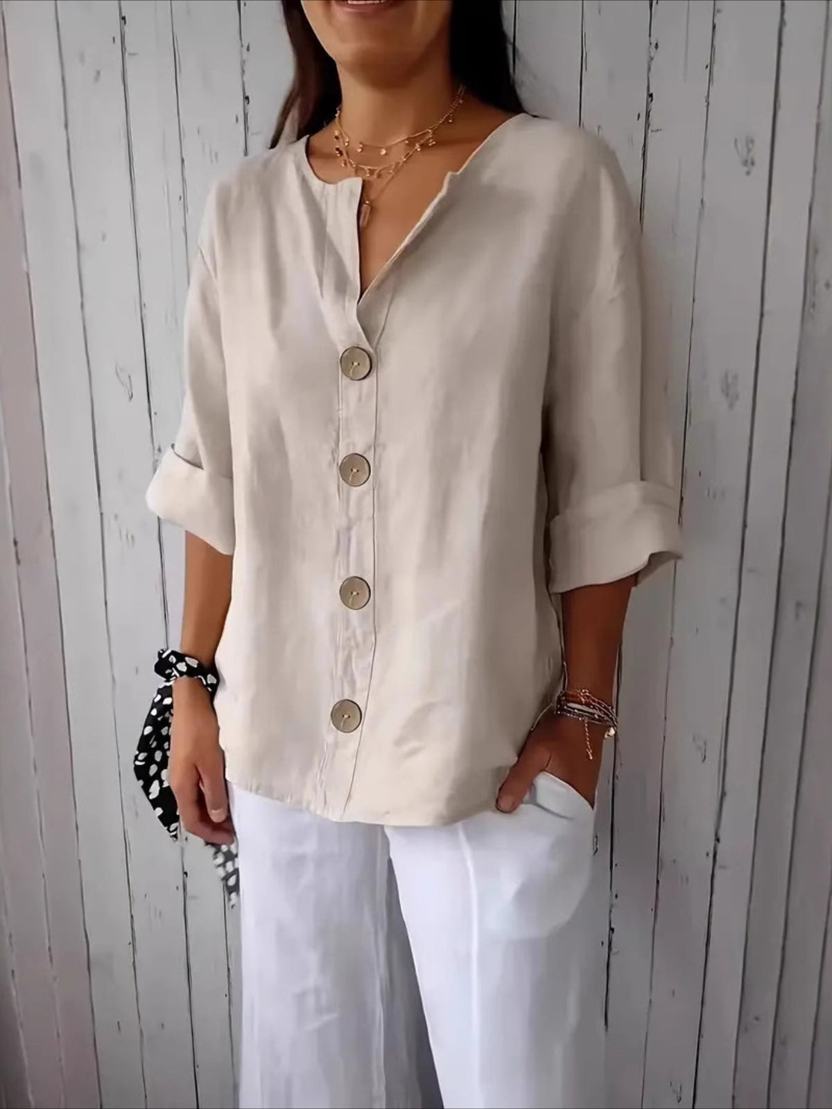 V-Neck Button-Up Solid Color Short Sleeve Loose Fit Short Sleeve Shirt