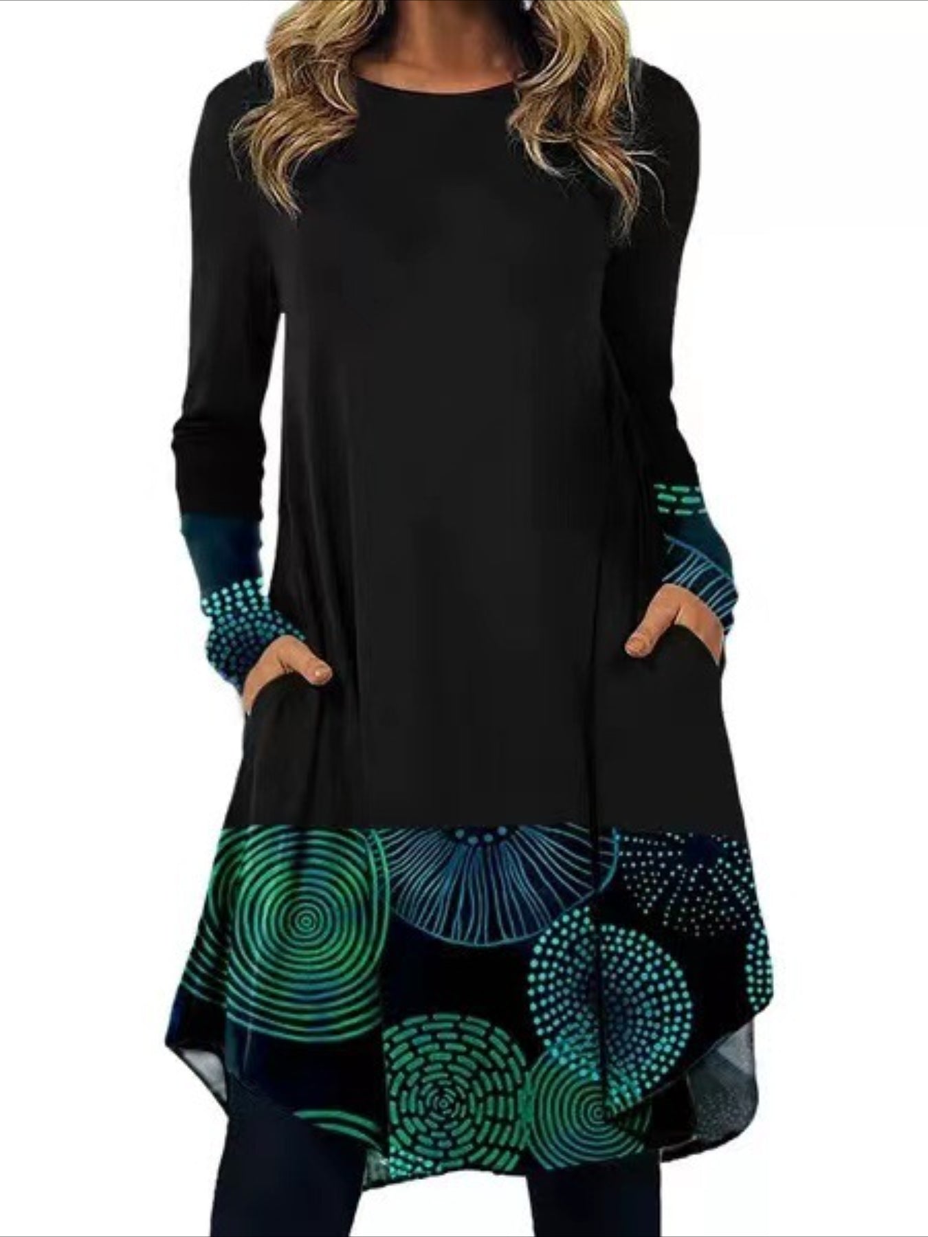 Graphic Print Dress with Long Sleeves and Pockets - Casual and Comfortable