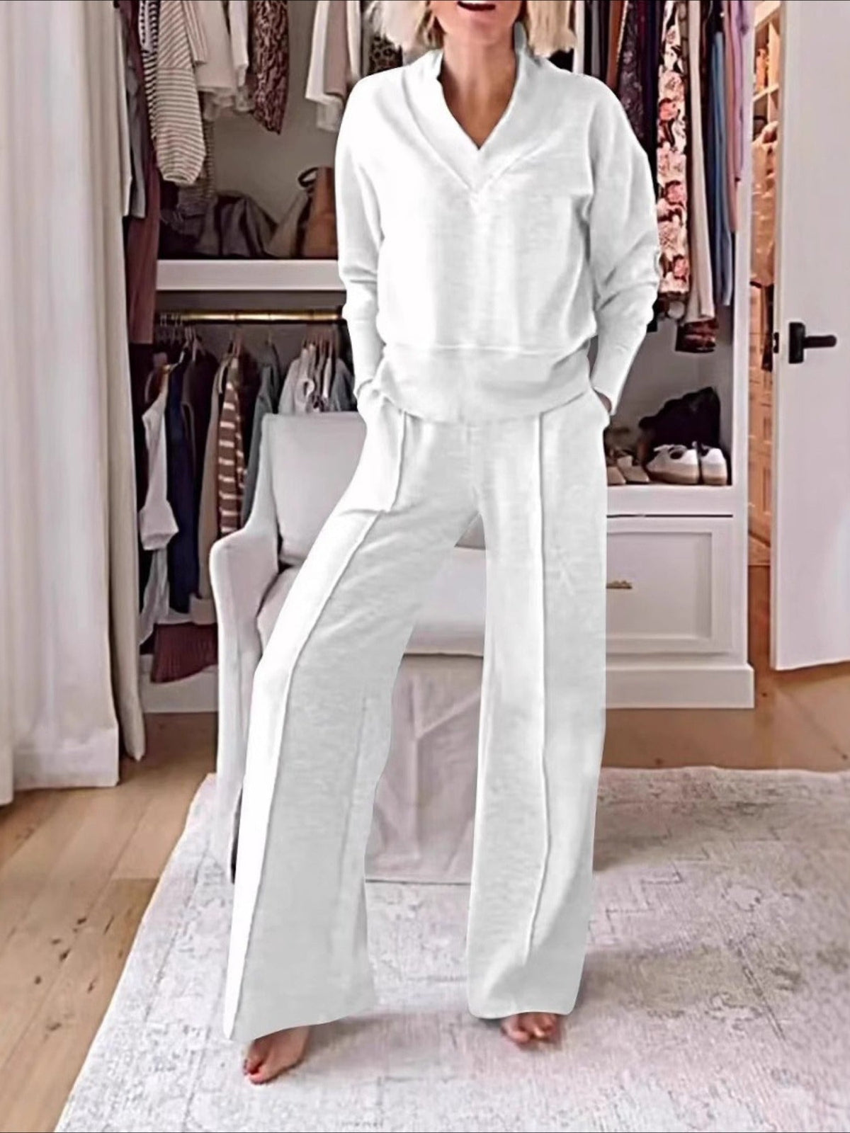 Split Joint Plain Daily Going Out Casual Spring/Fall Top With Pants Matching Two-Piece Set