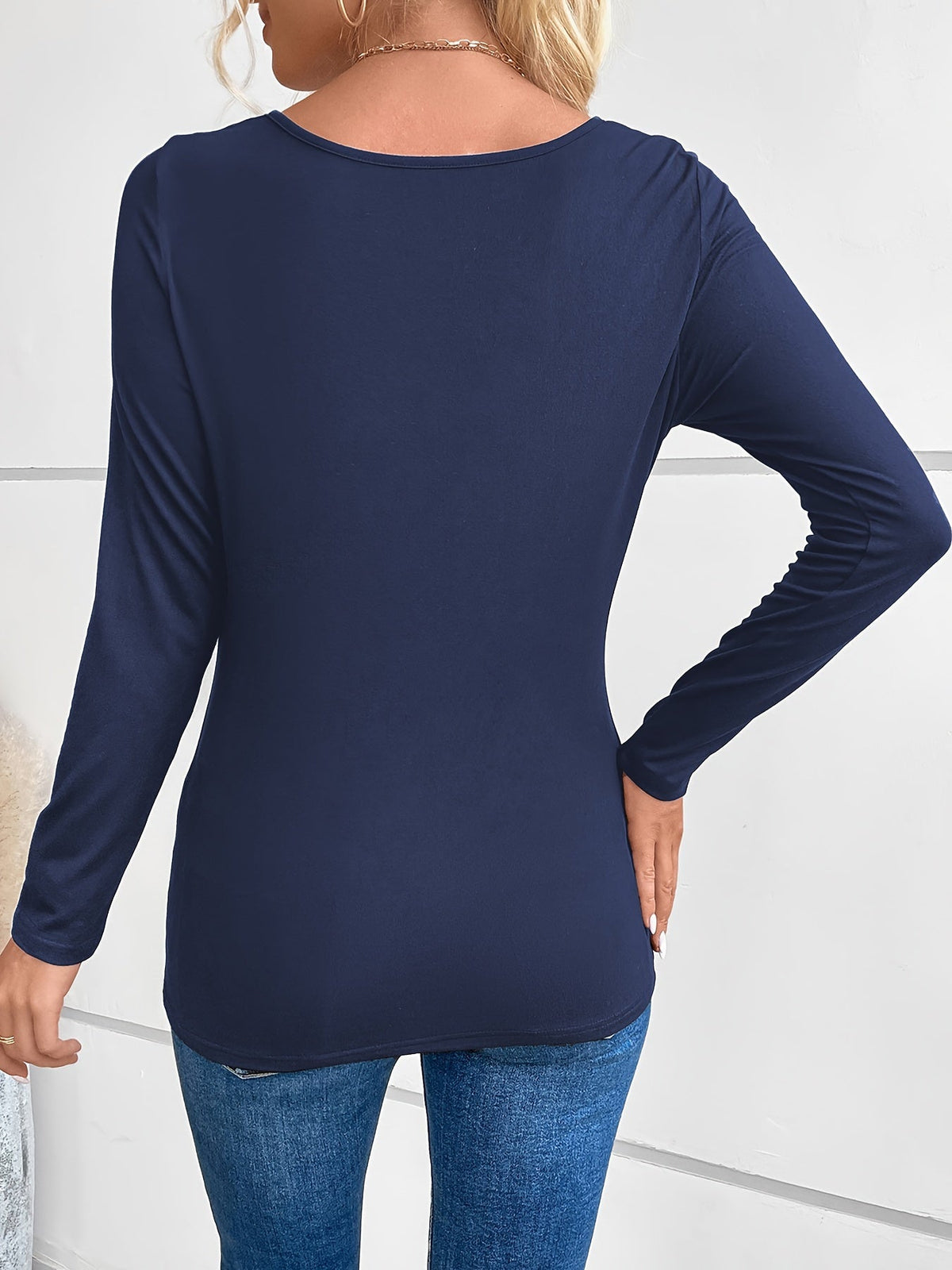 Rhinestone Print Faux Twinset Ruched T-Shirt, Casual Long Sleeve Top