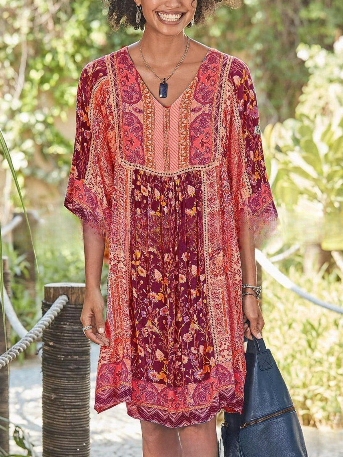 Plus Size Floral Print V Neck Loose Dress, Casual 3/4 Sleeve Dress