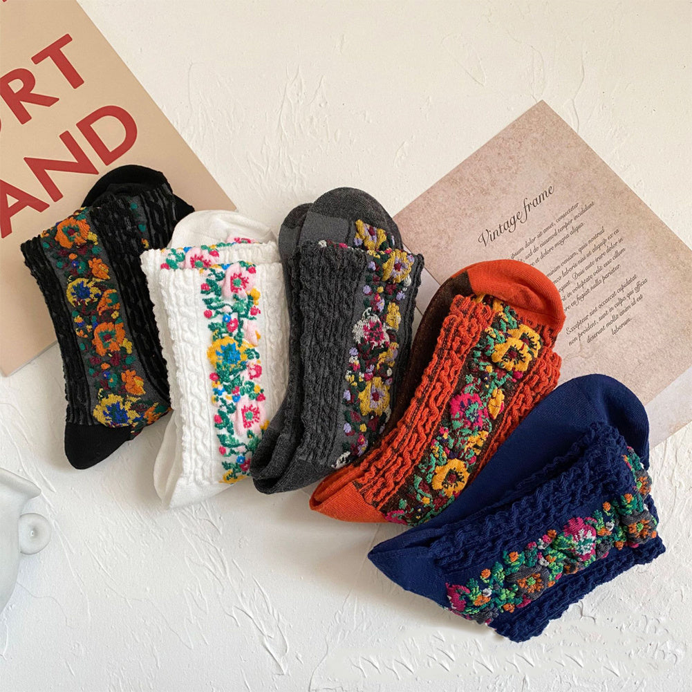 5 Pairs Women's Ethnic Embroidered Mid Socks