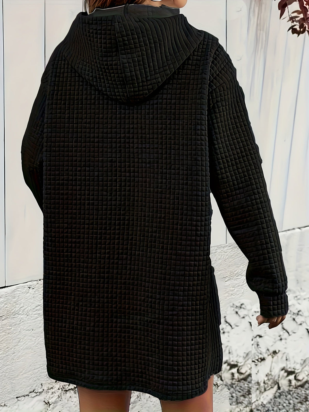 Stylish Textured Drawstring Dress - Comfy Hooded Long Sleeve with Kangaroo Pocket