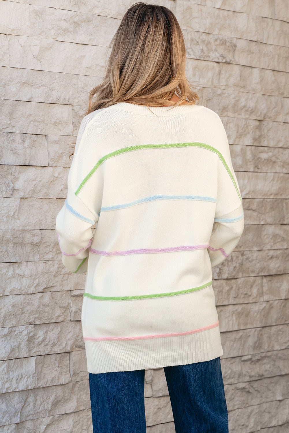 White Rainbow Stripes Drop Shoulder Baggy Henley Sweater