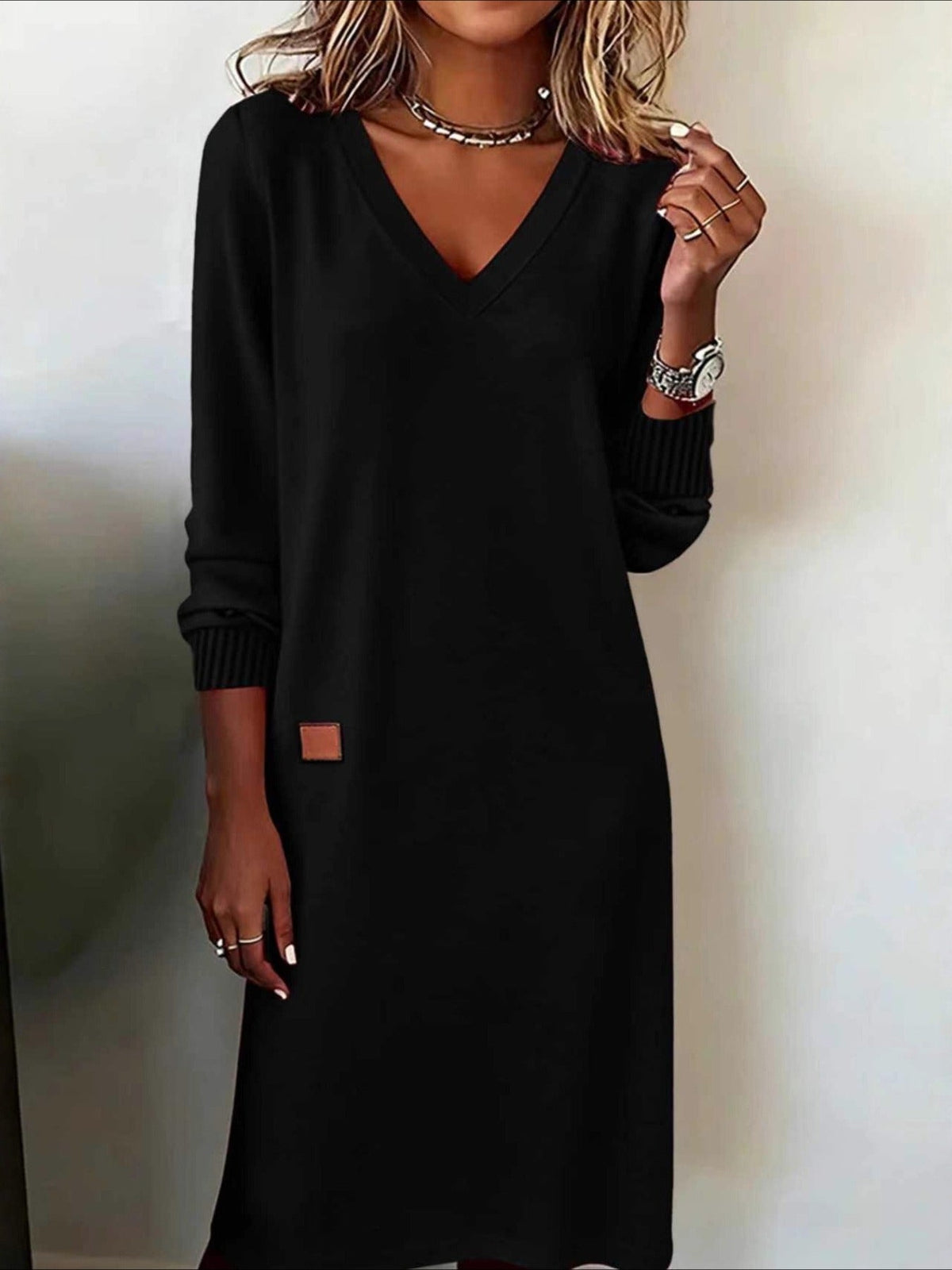 Plain Long Sleeve Spring/Fall Split Joint V Neck Daily Casual T-Shirt A-Line Maxi Dress
