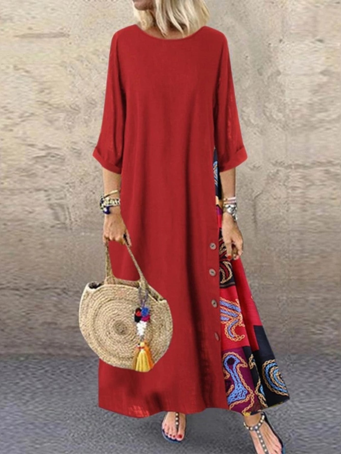 Tribal Print Crew Neck Panel Dress, Casual Long Sleeve Loose Maxi Dress