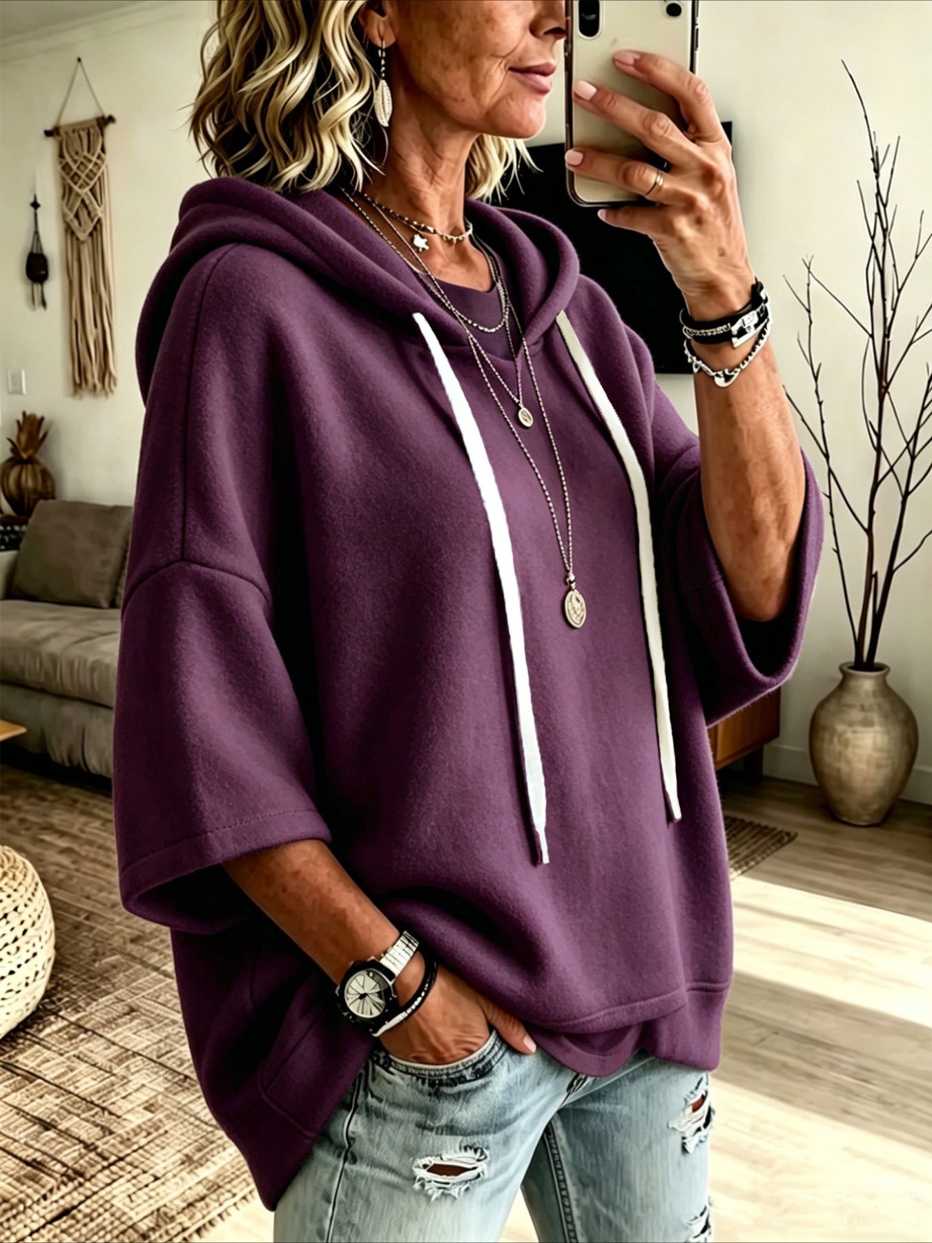 Loose 3/4 Sleeve Hooded Drawstring Bat-sleeved Sweatshirt