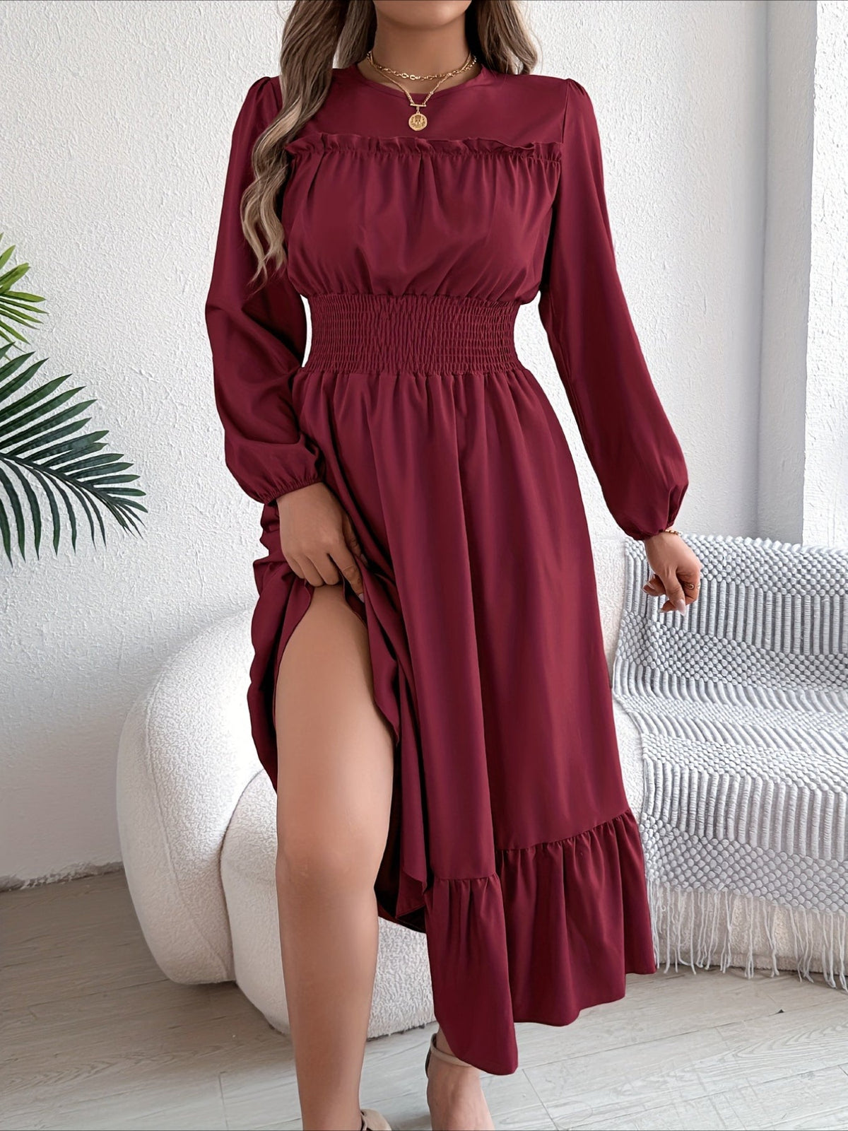 Elegant Long Sleeve Hem Round Neck Dress
