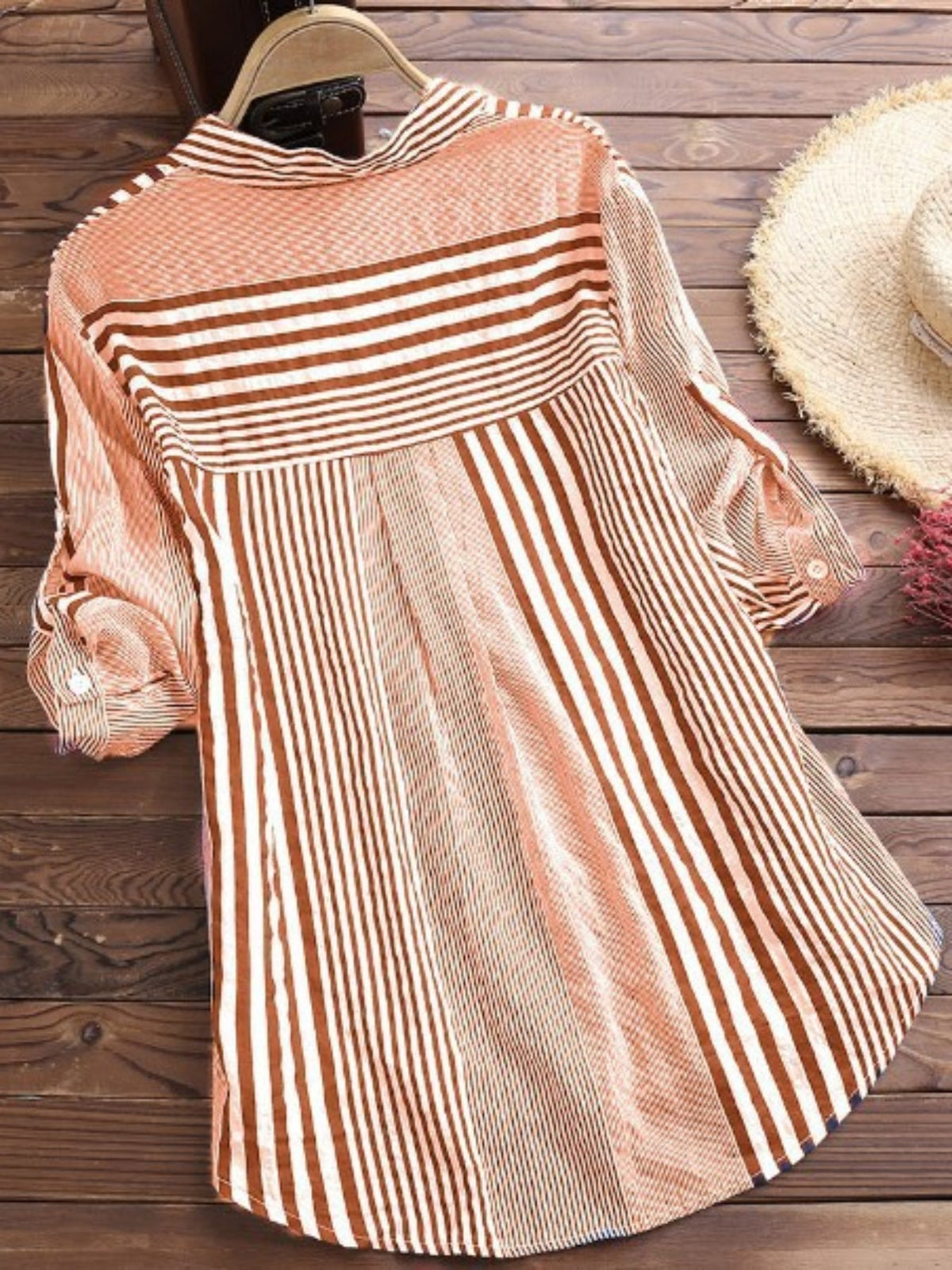 Print Button Up Roll Up Sleeve Stand Collar Round Hem Slight Stretch Blouse