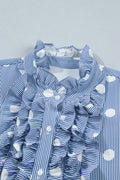 Sky Blue Stripe Contrast Polka Dot Print Pleated Ruffle Sleeve Shirt