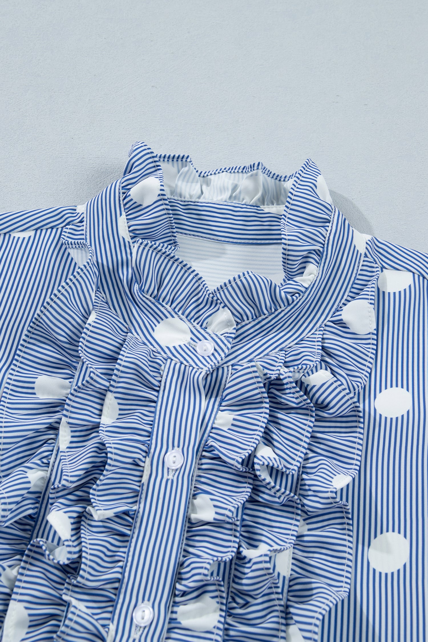 Sky Blue Stripe Contrast Polka Dot Print Pleated Ruffle Sleeve Shirt