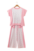 Pink Color Block Patchwork Polka Dot Wide Leg Pant Set