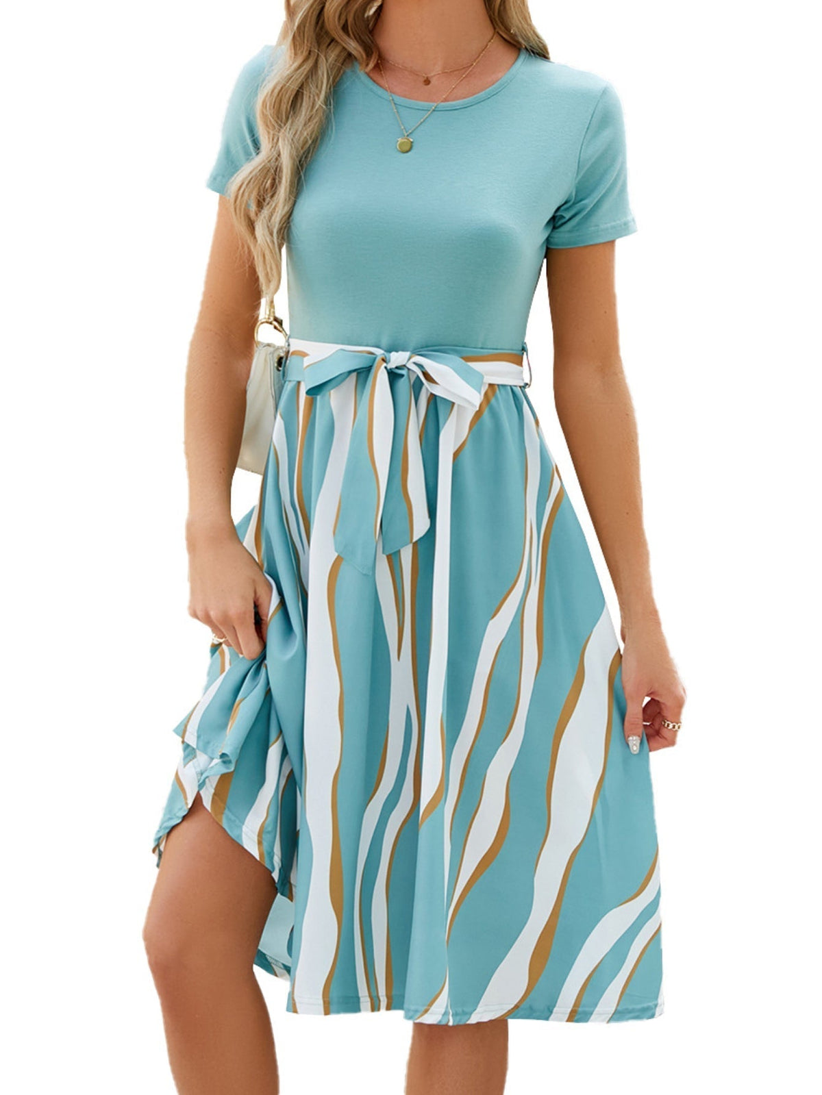 Colorblock Belted A-line Dress