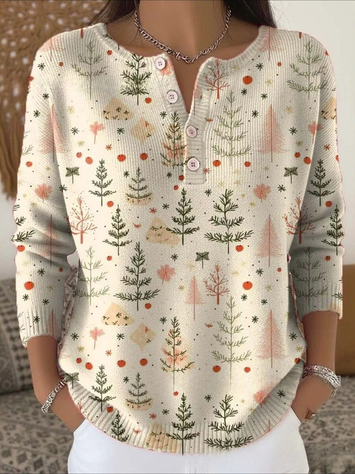 Christmas Green Tree Art Print Buttoned Sweater Tee