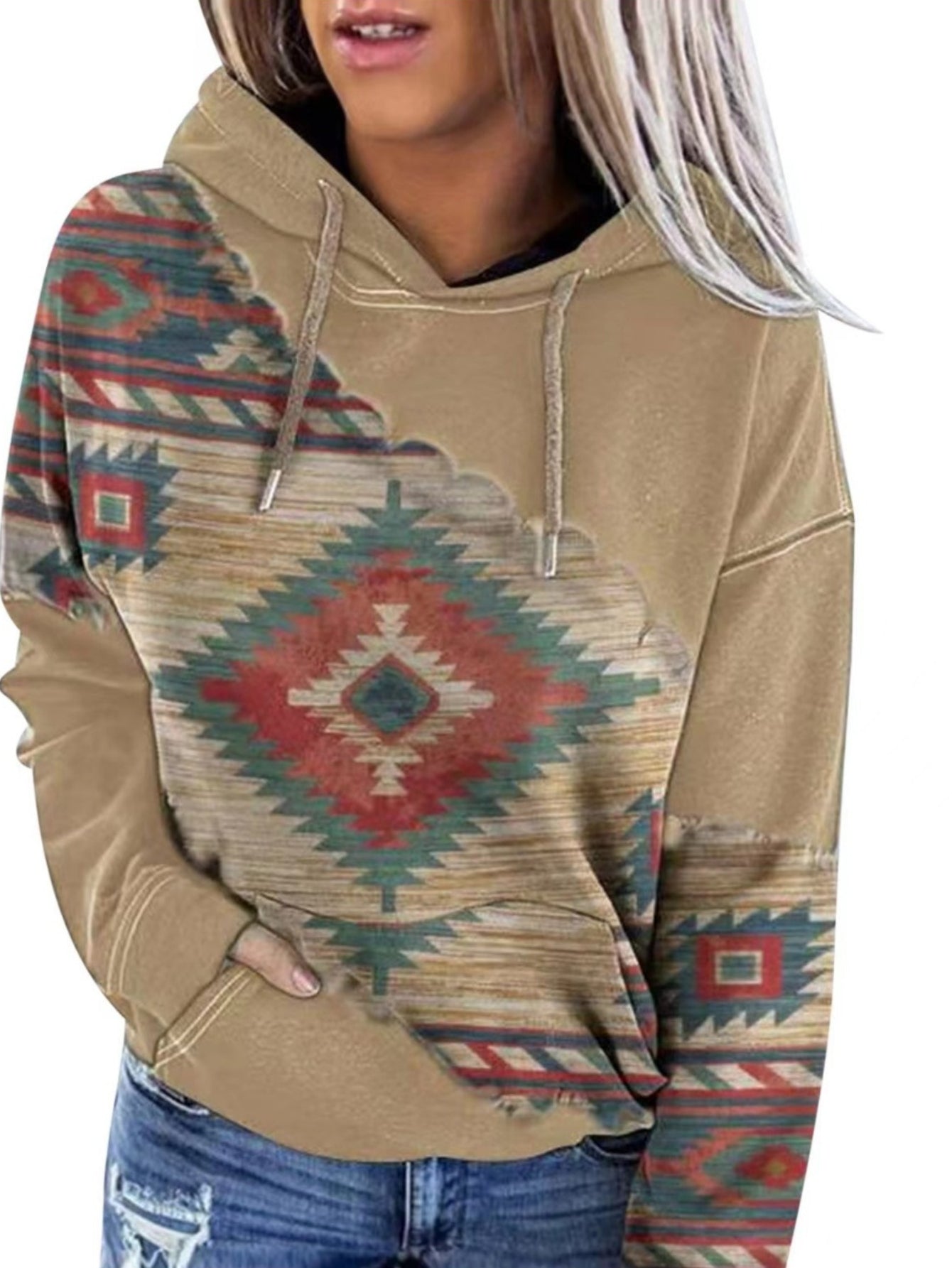Aztec Geo Print Kangaroo Pocket Hoodie, Casual Long Sleeve Drawstring Hoodies Sweatshirt