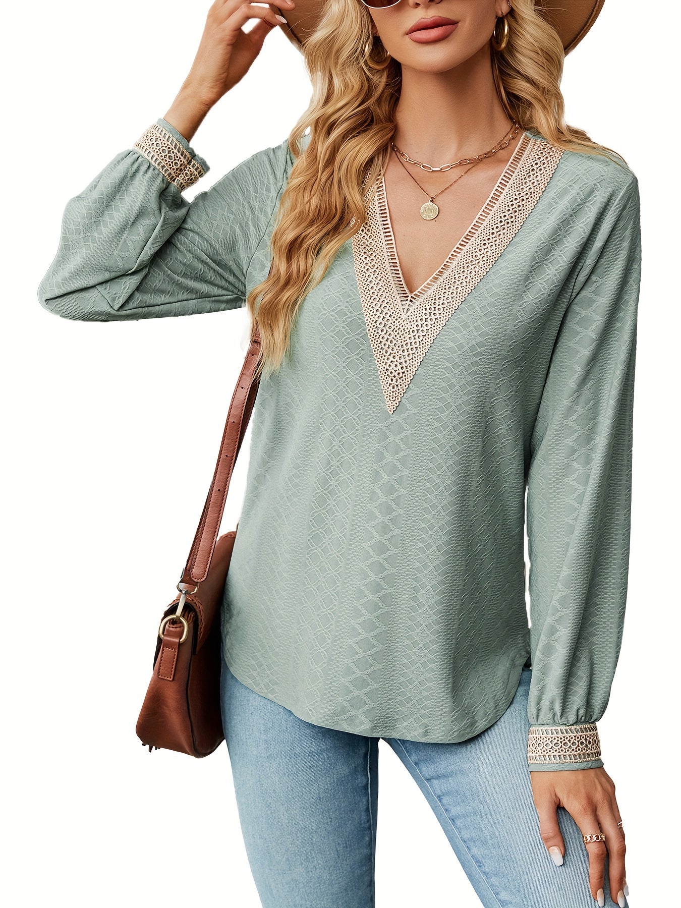 Casual Blouses Lace V Neck T Shirts Dressy Fall Long Sleeve Business Tunic Tops