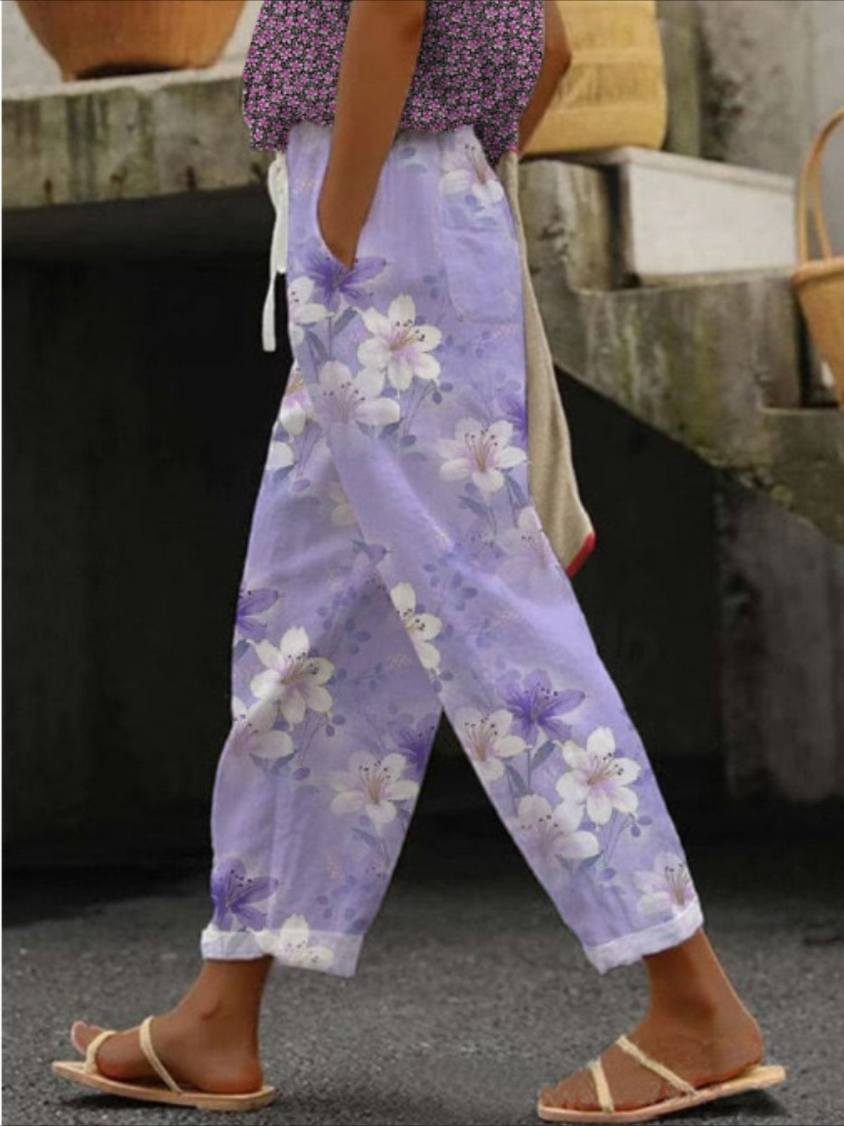 Floral Print Pants, Casual Elastic Waist Pants